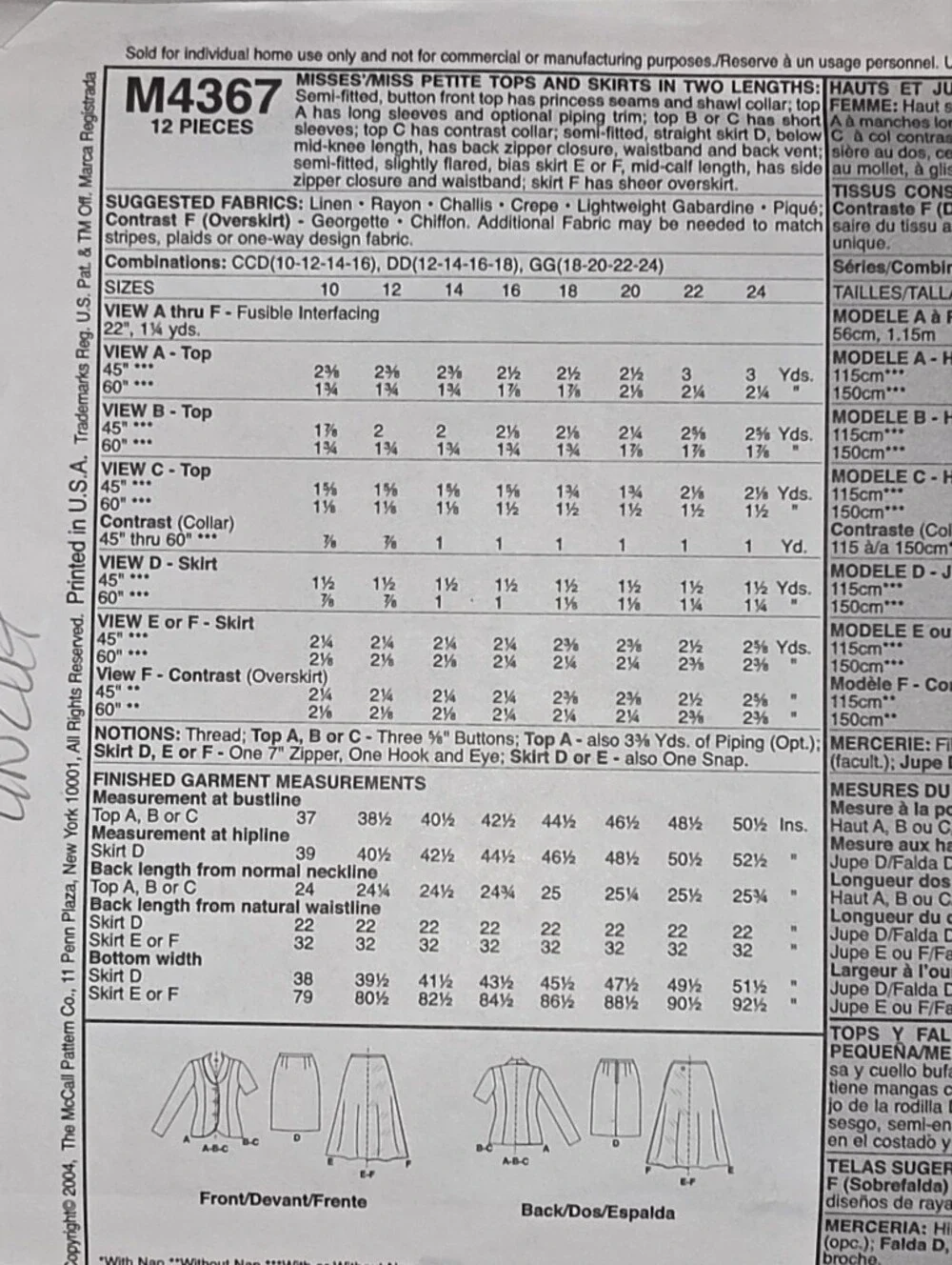 Sewing Pattern #M4367 Tops & Skirts Multicolor Size 10-16